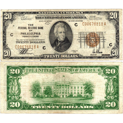 1929 $20 Federal Reserve National Bank Note, Philadelphia Fr. 1870-C - Very Fine