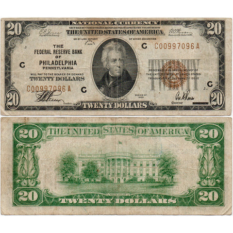 1929 $20 Federal Reserve National Bank Note, Philadelphia Fr. 1870-C - Very Fine