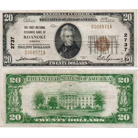 1929 T.1 $20 First National Exchange Bank of Roanoke, VA Charter 2737 - Very Fine