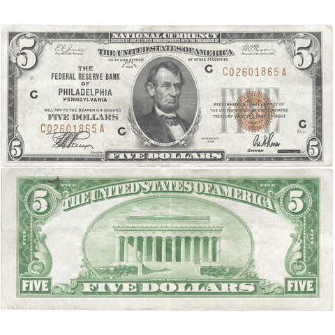 1929 $5 Philadelphia Federal Reserve Bank Note Fr.1850-C - Very Fine