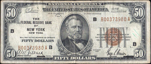 1929 $50 New York Federal Reserve Bank Note (FR.1880B) ~ Net Very Good