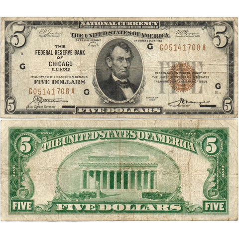 1929 $5 Chicago Federal Reserve Bank Note Fr.1860-G - Fine