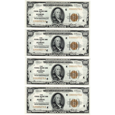 4 Consecutive 1929 $100 Richmond Federal Reserve Bank Notes Fr. 1890E - Choice Crisp Uncirculated
