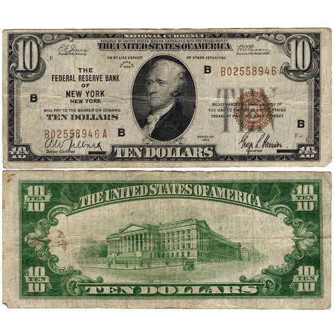 1929 $10 New York Federal Reserve Bank Note Fr.1860-B - Very Fine