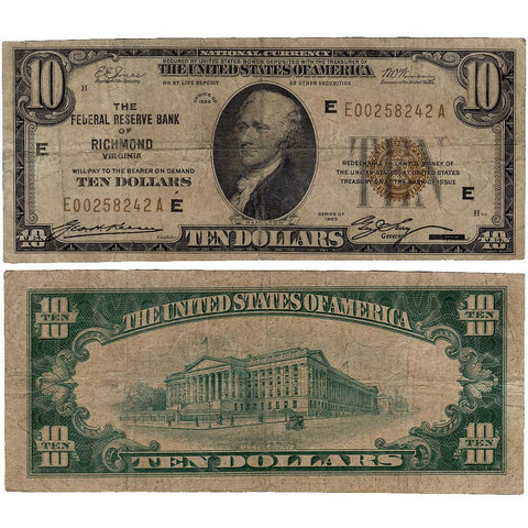 1929 $10 Richmond Federal Reserve Bank Note Fr.1860-E - Very Good