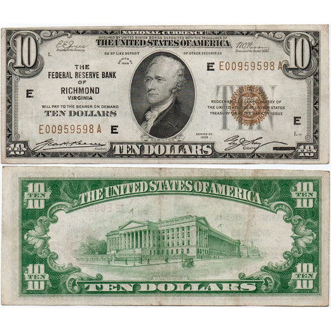 1929 $10 Richmond Federal Reserve Bank Note Fr.1860-E - Very Fine