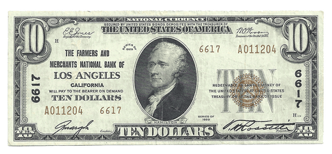 1929 T.2 $10 Farmers & Merchants National Bank of Los Angeles, CA Charter 6617 ~ Very Fine
