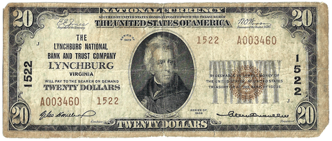 1929 T.2 $20 Lynchburg National Bank & Trust Lynchburg VA Charter 1522 ~ Net Very Good/Fine