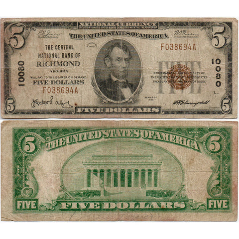 1929 Type-1 $5 Central National Bank of Richmond, VA Charter 10080 - Fine