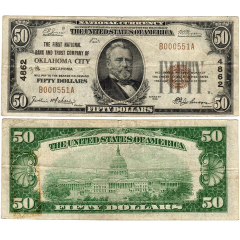 1929 T.1 $50 1st Ntl Bank & Trust Co. of Oklahoma City, OK Charter 4862 - Apparent VF