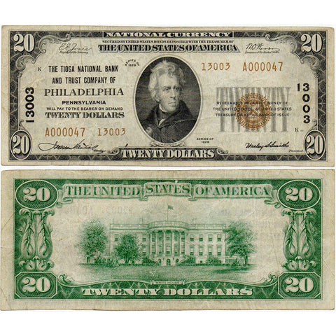 1929 T.2 $20 Tioga National Bank & Trust of Philadelphia PA Charter 13003 - FIne+