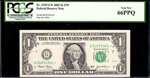 2003 $1 Federal Reserve Star Note Chicago District Fr. 1929-G* - PCGS Gem New 66 PPQ