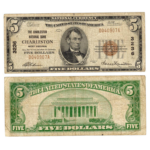 1929 T.1 $5 Charleston National Bank of Charleston, WV Charter 3236 - Fine