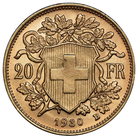 1930-B Swiss Helvetia Gold 20 Francs - PQ Brilliant Uncirculated