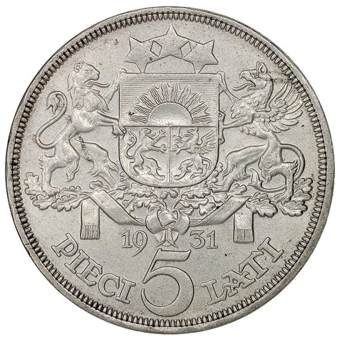 1931 Latvia Silver 5 Lati KM.9 - About Uncirculated