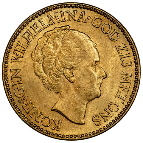 1932 Netherlands Wilhelmina 10 Gulden Gold Coin - About Uncirculated