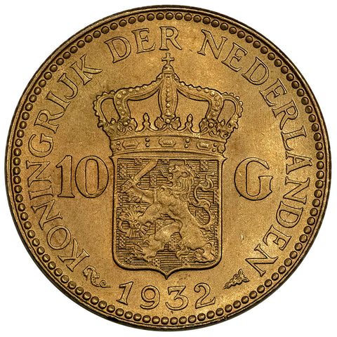 1932 Netherlands Wilhelmina 10 Gulden Gold Coin - About Uncirculated