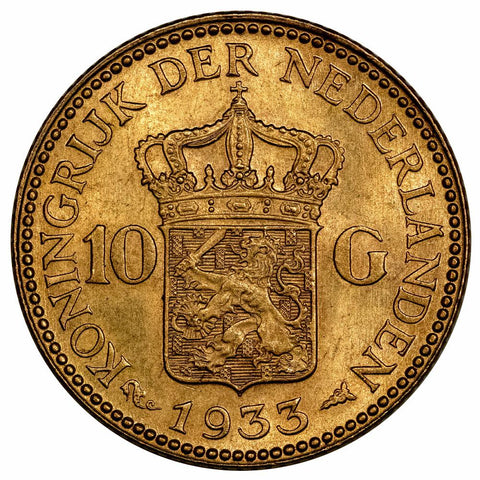 1933 Netherlands Wilhelmina I Gold 10 Gulden - KM.162 - Choice About Uncirculated