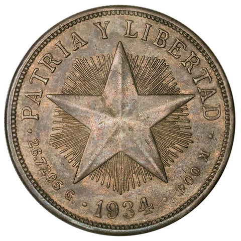 1934 Cuba Silver Star One Peso KM. 15.2 - About Uncirculated
