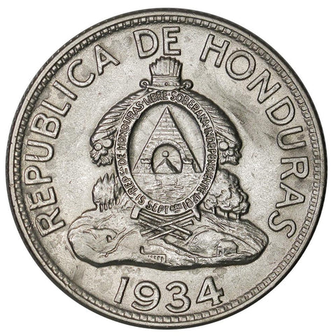 1934 Republic of Honduras Silver 1 Lempira - About Uncirculated