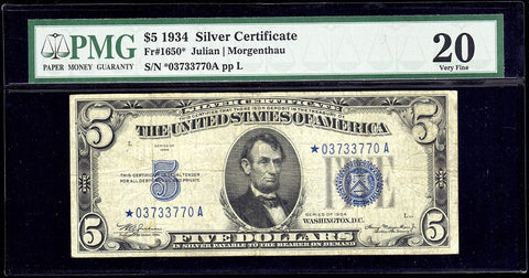 1934 $5 Silver Certificate Star Note Fr. 1650* - PMG Very Fine 20