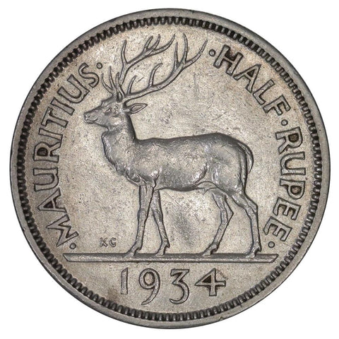 1934 Mauritus Silver Half Rupee KM.16 - About Uncirculated