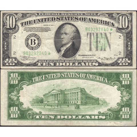1934-A $10 Federal Reserve Note New York District Fr. 2006-B* - Very Fine