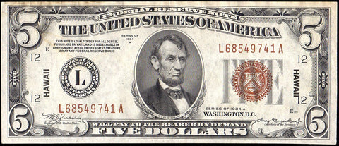 1934-A $5 Hawaii World War 2 Emergency Issue Federal Reserve Note Fr. 2302 ~ XF+