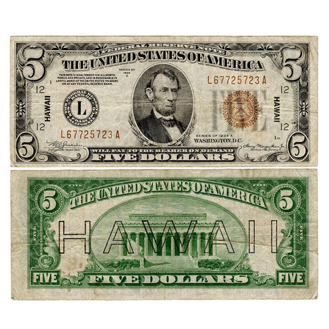 1934-A $5 Hawaii World War 2 Emergency Issue Federal Reserve Note Fr. 2302 - VF