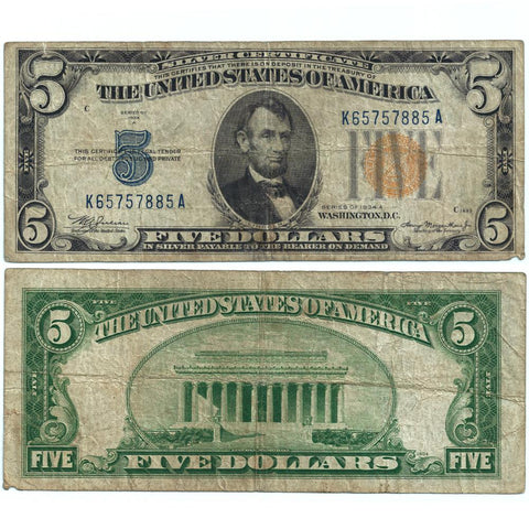 1934-A $5 North Africa "Yellow Seal" Silver Certificate Fr. 2307 - Fine