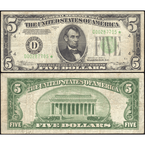 1934-A $5 Federal Reserve Note Cleveland District Fr. 1957-D* - Fine/Very Fine