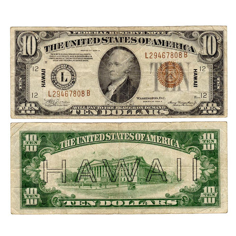 1934-A $10 Hawaii World War 2 Emergency Issue Federal Reserve Note Fr. 2303 - Fine