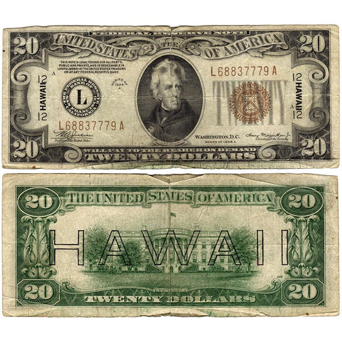 1934-A $20 Hawaii Emergency Issue Federal Reserve Note Fr. 2305 ~ Very Good