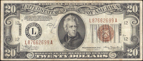 1934-A $20 Hawaii World War 2 Emergency Issue Federal Reserve Note Fr. 2305 ~ Very Fine Details