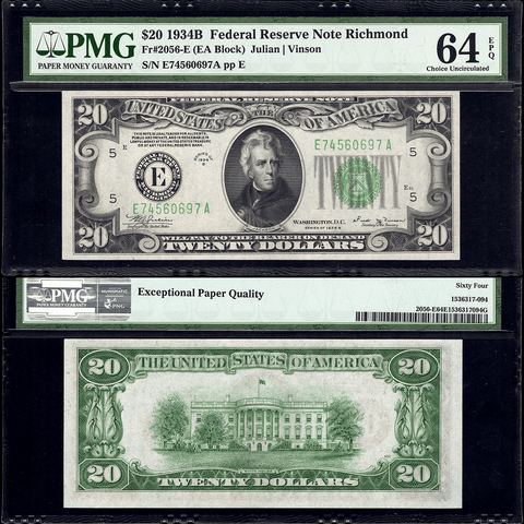 1934-B $20 Federal Reserve Note Richmond District Fr. 2056-E - PMG Choice Unc 64 EPQ