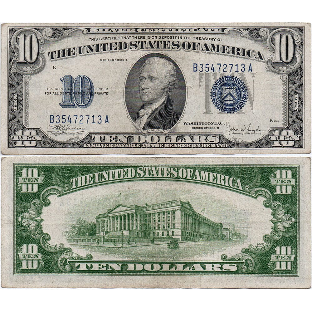 1934 C $10 Silver Certificate Fr 1704 Very Fine 1934 C $10 Silver Certificate Fr 1704 Very Fine