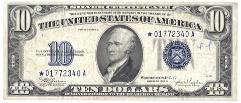 1934-C $10 Silver Certificate Star Note Fr. 1704* - Very Fine Net