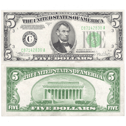 1934-C $5 Federal Reserve Note Philadelphia District Fr. 1959-C - About Uncirculated