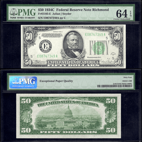 1934-C $50 Federal Reserve Note Richmond District Fr. 2105-E - PMG Choice Unc 64 EPQ