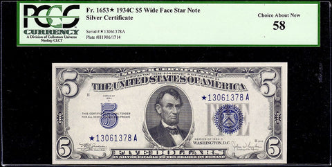 1934-C $5 Silver Certificate Star Note Fr. 1653* Wide Face - PCGS Choice About New 58