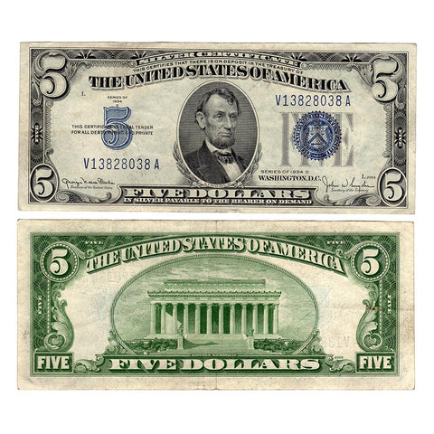 1934 Series $5 Silver Certificates - in VG/Fine, Very Fine & XF/AU