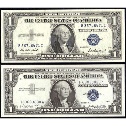 A Pair of 1935 & 1957 $1 Silver Certificates - Crisp Uncirculated