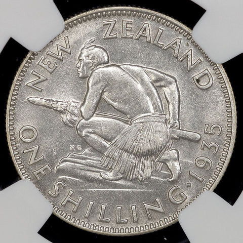 New Zealand - 1935 Maori Warrior Silver Shilling (Key Date) - KM.3 - NGC AU 58