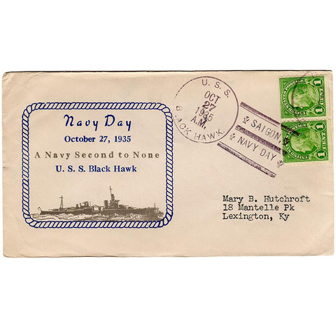 Oct 27, 1935 - Navy Day Patriotic Cover USS Black Hawk (AD-9) in Saigon