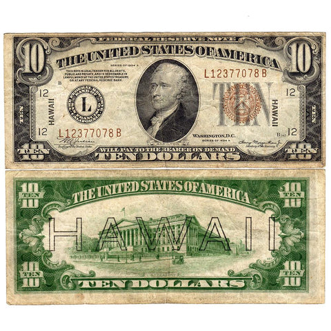 1934-A $10 Hawaii World War 2 Emergency Issue Federal Reserve Note Fr. 2303 - Fine