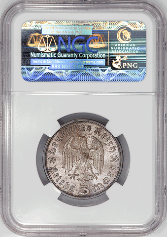 1936-A Germany, Third Reich Silver 5 Marks (Hindenburg) KM.86 - NGC MS 63