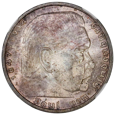 1936-A Germany, Third Reich Silver 5 Marks (Hindenburg) KM.94 - NGC MS 64