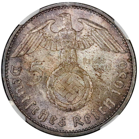 1936-A Germany, Third Reich Silver 5 Marks (Hindenburg) KM.94 - NGC MS 64