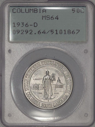 1936 Columbia, South Carolina Silver Commemorative Half - PCGS MS 64 Rattler