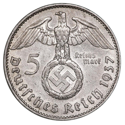 1937-J Germany, Third Reich Silver 5 Marks (Hindenburg) KM.94 - XF